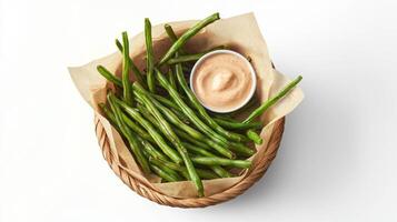 Crispy green bean fries with dipping sauce in basket for healthy snacking photo