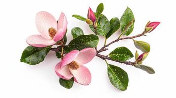 Magnolia blossom with dew on a branch against white background for nature and botany design photo