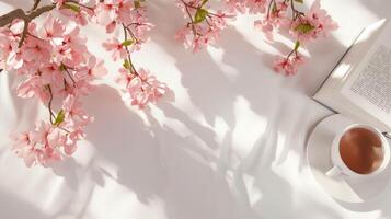 Delicate sakura petals on white table with coffee and open book photo