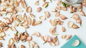 Realistic magnolia petals scattered on surface for elegant floral design and decoration photo