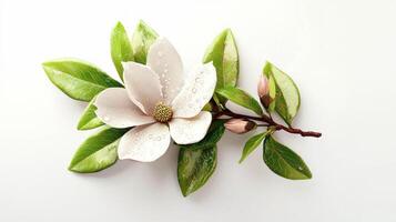 Realistic magnolia blossom with dew on branch - nature's elegance for floral design photo