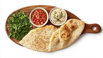 Whole wheat flatbread with fresh dips and herbs for appetizer platter photo