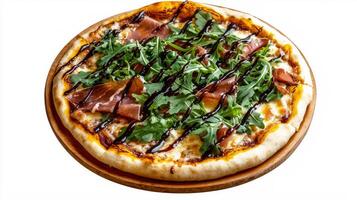 Gourmet pizza with arugula, prosciutto, and balsamic glaze for culinary inspiration photo
