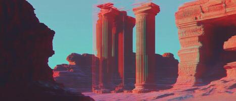 Distorted structures with vibrant glitch effects in a surreal landscape photo