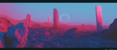 Exploration of a vibrant alien landscape filled with strange plants and towering rock formations photo