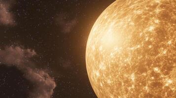 Celestial sphere featuring enigmatic moon amid chaotic cosmic texture in brown tones photo