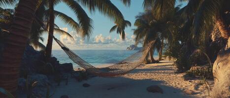 Relaxing in a tropical hammock surrounded by palms with ocean view and gentle breeze photo