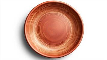 Realistic empty round clay plate on white background for culinary and artistic design photo