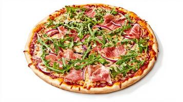 Gourmet pizza with prosciutto, red onion, arugula, and balsamic glaze photo