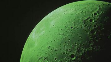 Enigmatic green moon surface with cratered texture in chaotic style photo