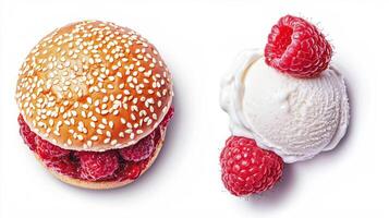 Creative culinary concept. raspberry burger with ice cream on white background photo