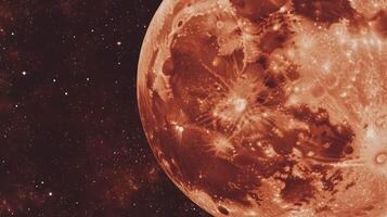 Celestial moon with copper texture and chaotic patterns in space photo