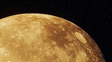 Golden moon surface with textured craters against starry sky photo