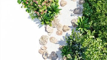Lush garden path with realistic orchids and stone walkway photo