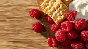 Fresh raspberries and cream cheese dip with crackers on wooden board photo