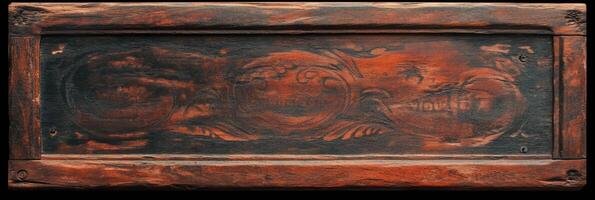 Rustic wooden sign with intricate carved lettering suitable for decorative use photo