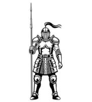 Black and white illustration of a knight in armor holding a spear vector