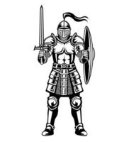 Medieval knight standing guard with sword and shield vector
