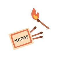Simple matches set. Burning match with fire. illustration flat style isolated on white background. Burnt matchstick with smoke and red matchbox icon vector