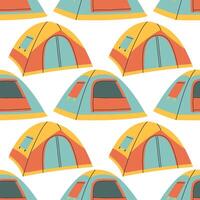 Camping tent seamless pattern on white background. Summer camp pattern design in hand drawn flat style for scrapbooking, textile, wrapping, banner vector