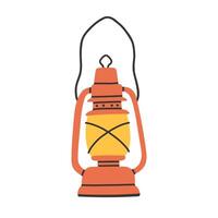 Simple red camping lantern with handle. Flat design vintage kerosene lamp with a wick. Illustrated clipart. vector