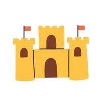 illustration of a simple sandcastle with three towers, arched brown doors, and small red flags. Flat in warm yellow tones with clean, minimalistic lines. vector