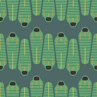 Sleeping bag seamless pattern on dark blue background. Summer camp pattern design in hand drawn flat style for scrapbooking, textile, wrapping, banner vector