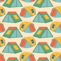 Camping tent seamless pattern on beige background. Summer camp pattern design in hand drawn flat style for scrapbooking, textile, wrapping, banner vector