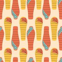 Sleeping bag seamless pattern on beige background. Summer camp pattern design in hand drawn flat style for scrapbooking, textile, wrapping, banner vector