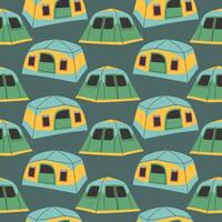Camping tent seamless pattern on dark blue background. Summer camp pattern design in hand drawn flat style for scrapbooking, textile, wrapping, banner vector