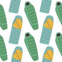 Sleeping bag seamless pattern on white background. Summer camp pattern design in hand drawn flat style for scrapbooking, textile, wrapping, banner vector