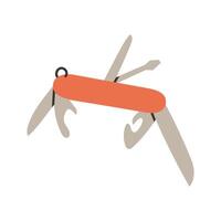 Simple red camping multitool. Multi purpose pocket knife in flat style for outdoor camping equipment. Multi function tool hover concept. Modern one line draw design graphic illustration vector
