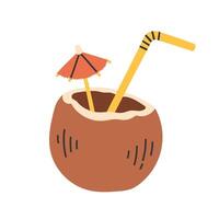 Cute hand drawn coconut with straw and umbrella. Flat simple illustration isolated on white background. vector