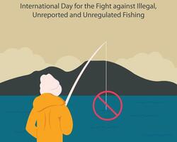 illustration graphic of a person is fishing on the edge of a mountain lake, perfect for international day, fight against illegal, unreported, unregulated fishing, celebrate, greeting card, etc. vector