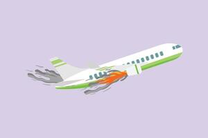 The plane caught fire while flying. Plane Crash Concept. Colored flat illustration isolated vector
