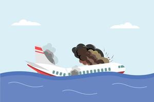 The plane crashed in the sea. Plane Crash Concept. Colored flat illustration isolated vector