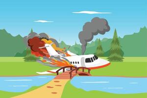 The plane crashed in the forest. Plane Crash Concept. Colored flat illustration isolated vector