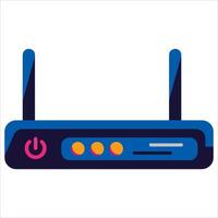 Router with Wi-Fi equipment featuring a power button.Modern IT device with two antennas and glowing indicators. Ideal for technology, internet provider themes, and flat style isolated icons. vector