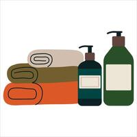 Stack of towels with shampoo, conditioner, and gel.Hygiene products for bathroom or hotel use. Includes terry towels, symbolizing purity. illustration. vector