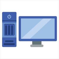 Desktop computer and monitor for work or gaming.IT equipment with display screen and power button. Office and technology tool in flat style isolated illustration. vector