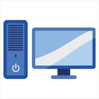 Modern desktop computer and monitor setup for office work or gaming. IT equipment featuring display screen with power button, flat style illustration isolated on white. vector