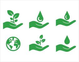Set of green ecology icons representing eco friendly practices, conservation, renewable energy. Ideal for environmental awareness and clean energy themes. vector
