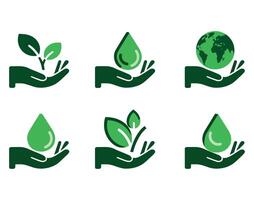 Eco icon set featuring eco friendly, ecology, and environment symbols. Isolated flat style illustrations ideal for sustainability, green tech and environmental themes. vector