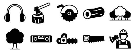 Lumberjack Icon Set Solid Style Collection representing forestry tools and woodcutting activities suitable for logging industry resources outdoor equipment branding and nature-themed projects vector