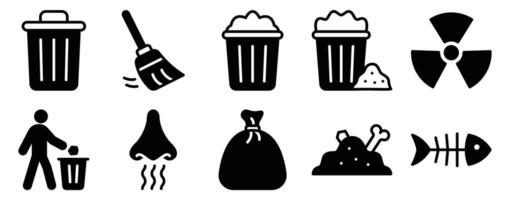 Trash Icon Set Solid Style Collection representing waste disposal and cleanup actions suitable for user interfaces environmental apps and maintenance services vector