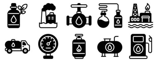 Oil Industry Icon Set Solid Style Collection representing petroleum extraction refining and distribution suitable for energy sector visuals industrial applications and educational resources vector