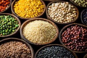 A Colorful Array of Dried Legumes and Pulses in Wooden Bowls on a Table photo