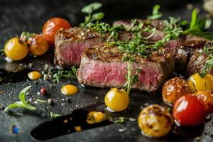 Grilled steak with tomatoes and herbs on a black background photo