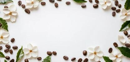 Elegant Coffee Beans and White Flowers Frame on a White Background for Presentations photo