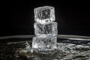 Three Ice Cubes Stacked On Top Of Each Other Water Splash Black Background photo